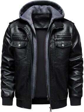 Men's Faux Leather Hooded Jacket Motorcycle Jackets Water Repellent Windproof PU